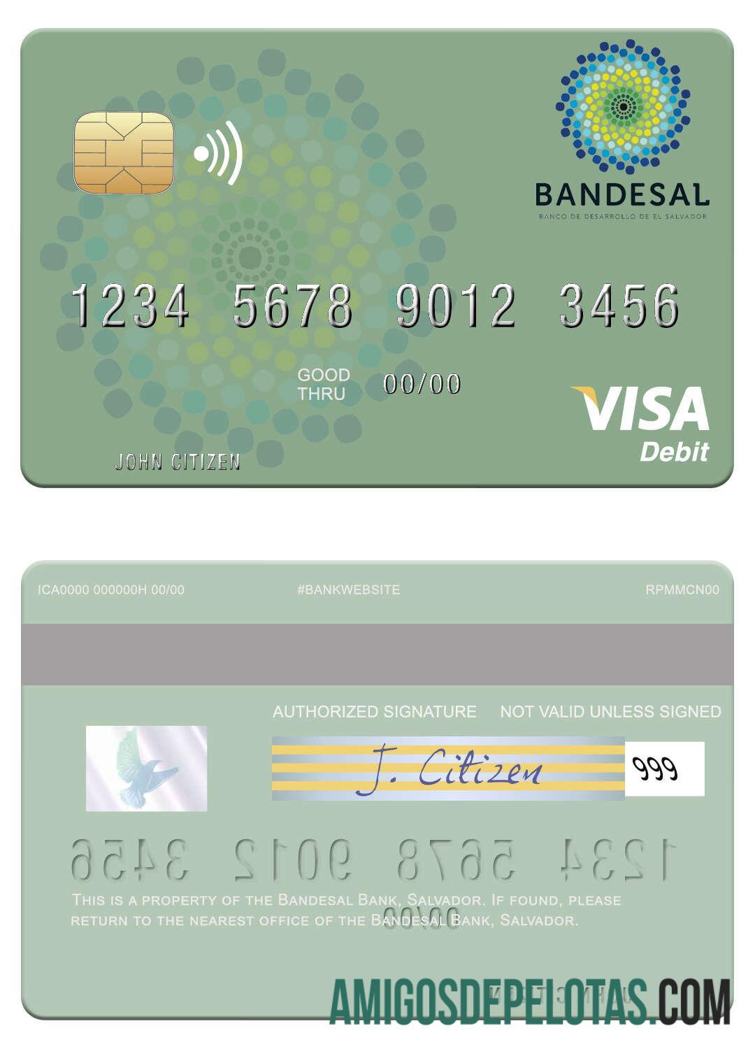 Salvador Bandesal Bank Visa Debit Card amostra